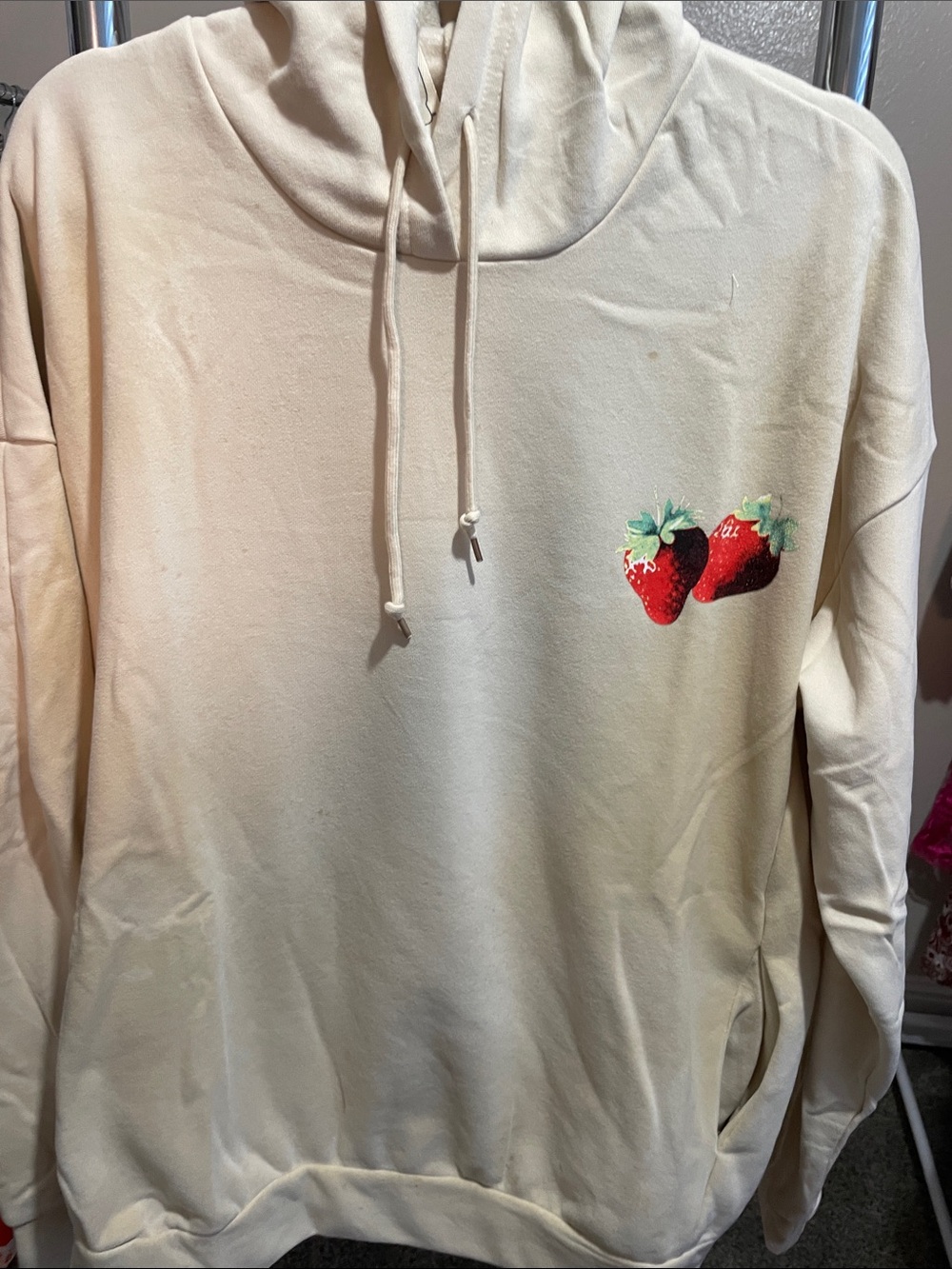 Beige Strawberry Print Graphic Hoodie Sweatshirt - Womens - Picture 6 of 7